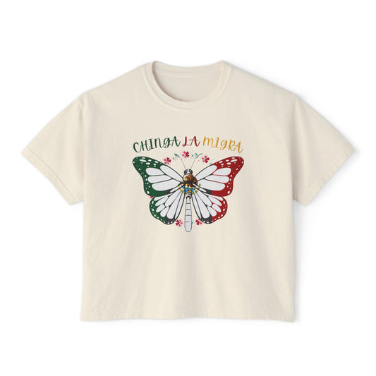 Butterfly 'Chinga La Migra' Boxy Tee — Mexican Flag Monarch Shirt