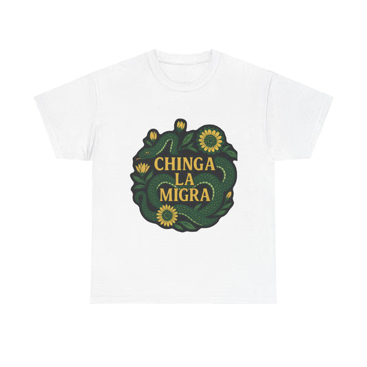 T‑Shirt — "Chinga la Migra" Green Snake Floral Protest Tee