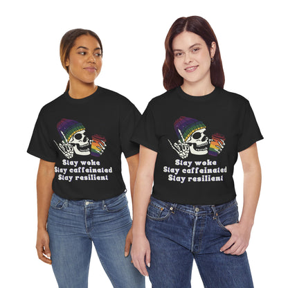 Skull Coffee Tee — "Stay woke, Stay caffeinated, Stay resilient" Graphic T-Shirt