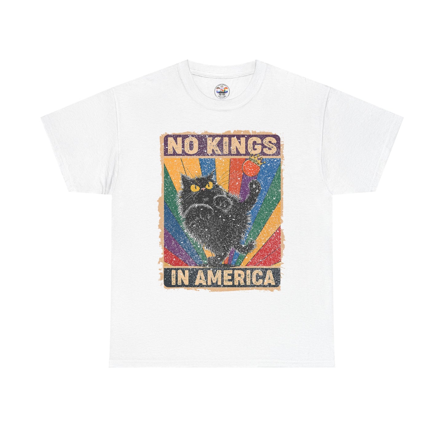 No Kings In America Cat Tee – Retro Rainbow Political Humor T-Shirt
