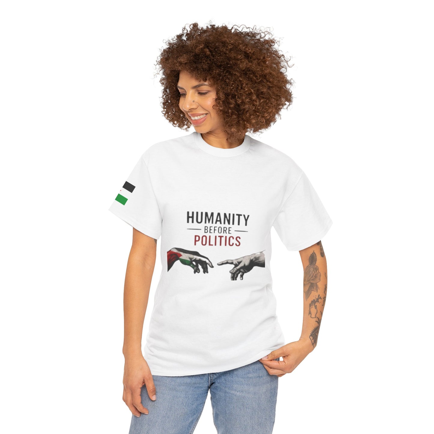 Humanity Before Politics T-Shirt — Unity Hands Graphic Tee