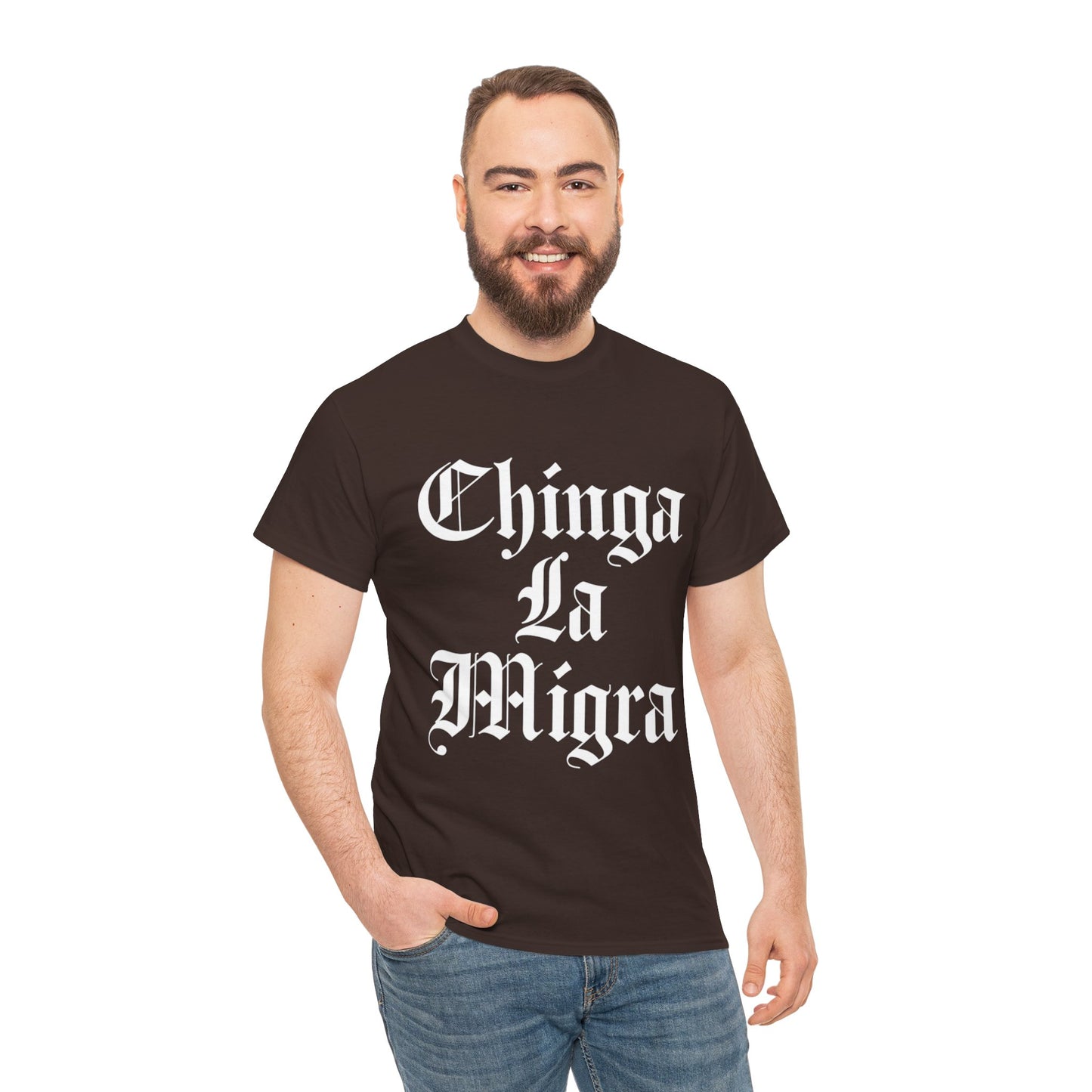 Graphic Tee — "Chinga La Migra" Bold Gothic Statement Shirt