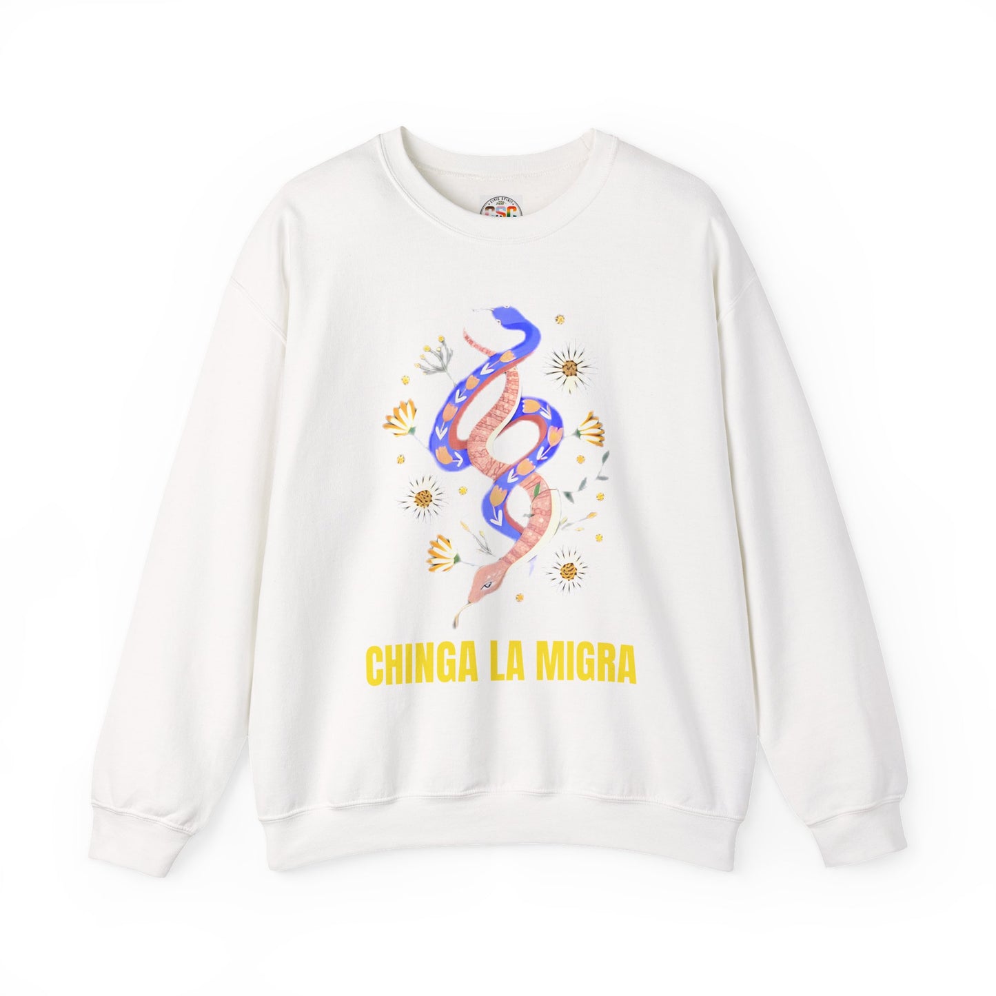 Crewneck Sweatshirt — 'Chinga La Migra' Floral Snake Protest Graphic