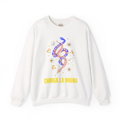 Crewneck Sweatshirt — 'Chinga La Migra' Floral Snake Protest Graphic