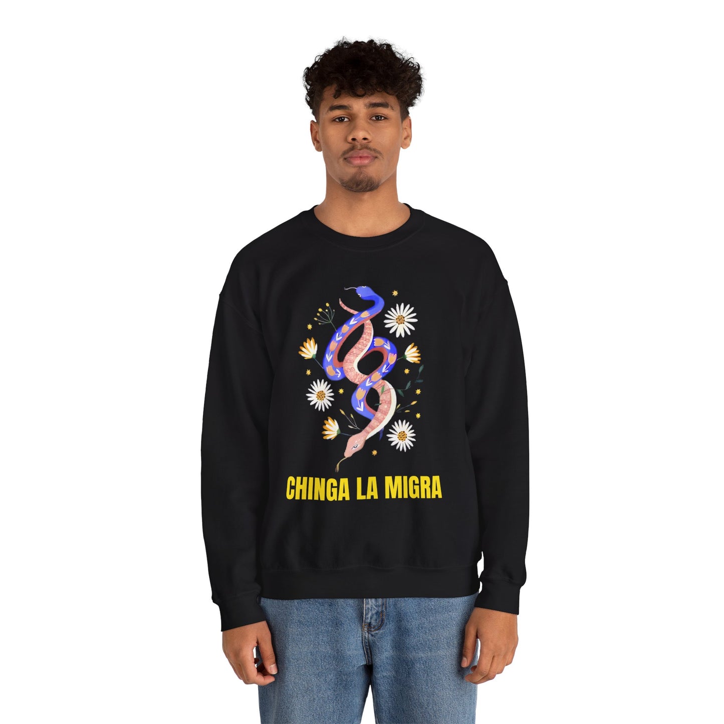 Crewneck Sweatshirt — 'Chinga La Migra' Floral Snake Protest Graphic
