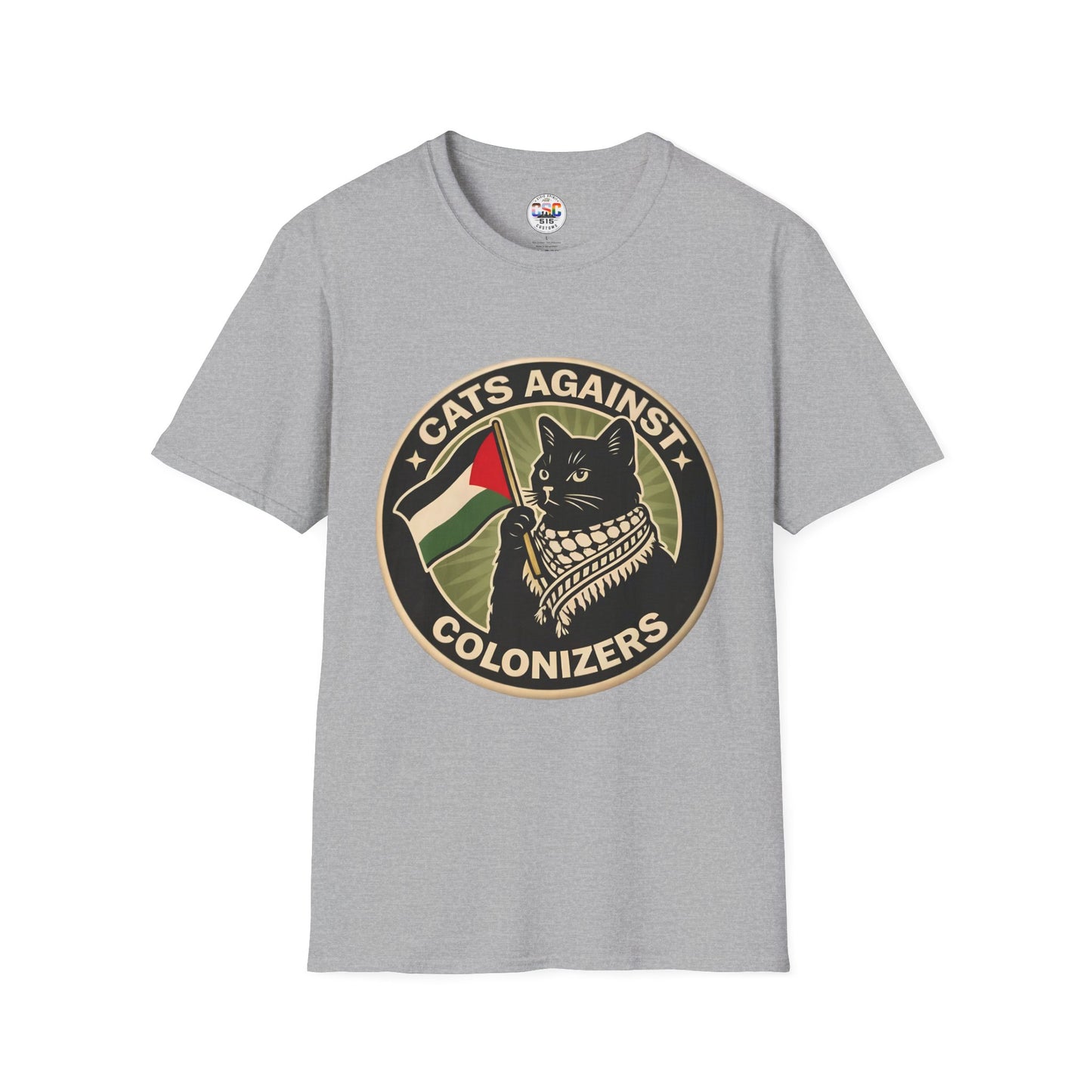 Cats Against Colonizers T‑Shirt — Black Cat with Keffiyeh & Palestine Flag