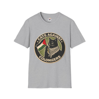 Cats Against Colonizers T‑Shirt — Black Cat with Keffiyeh & Palestine Flag