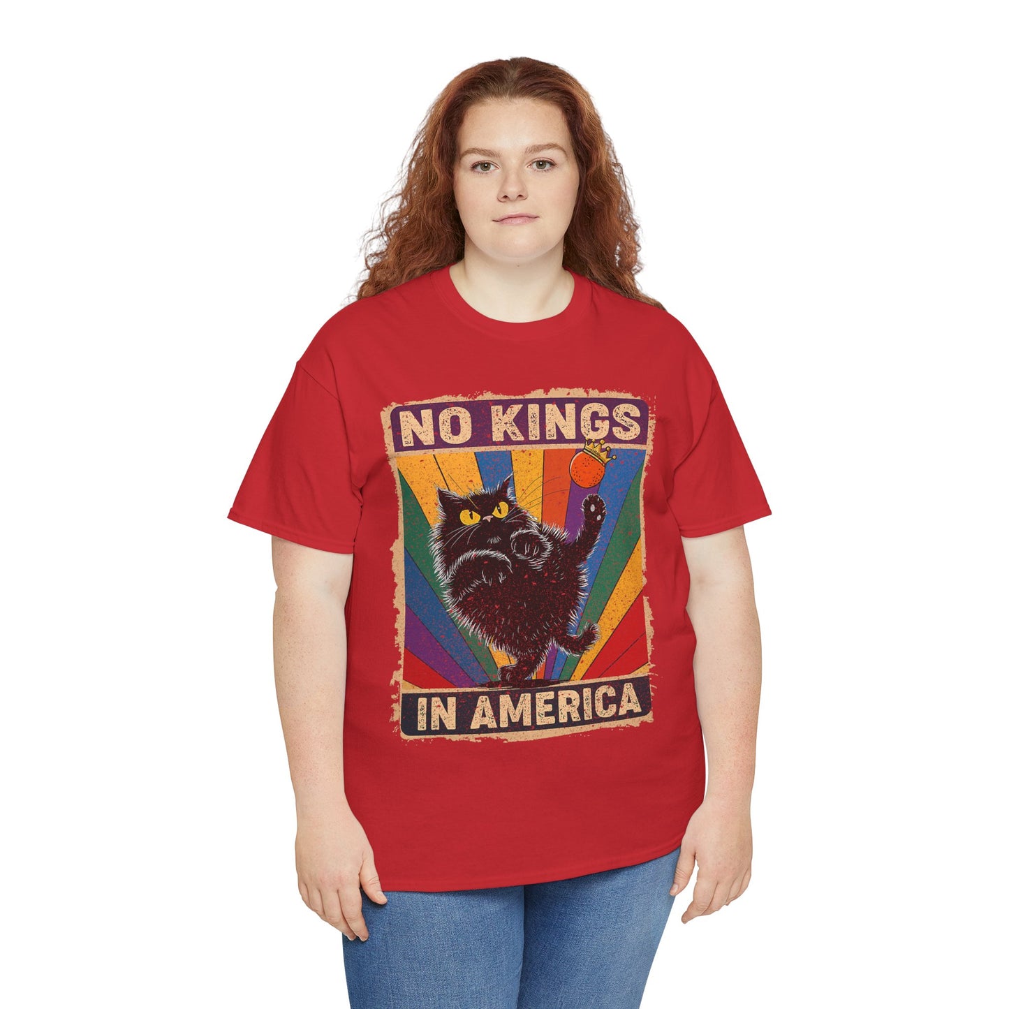 No Kings In America Cat Tee – Retro Rainbow Political Humor T-Shirt