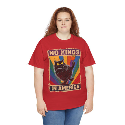 No Kings In America Cat Tee – Retro Rainbow Political Humor T-Shirt