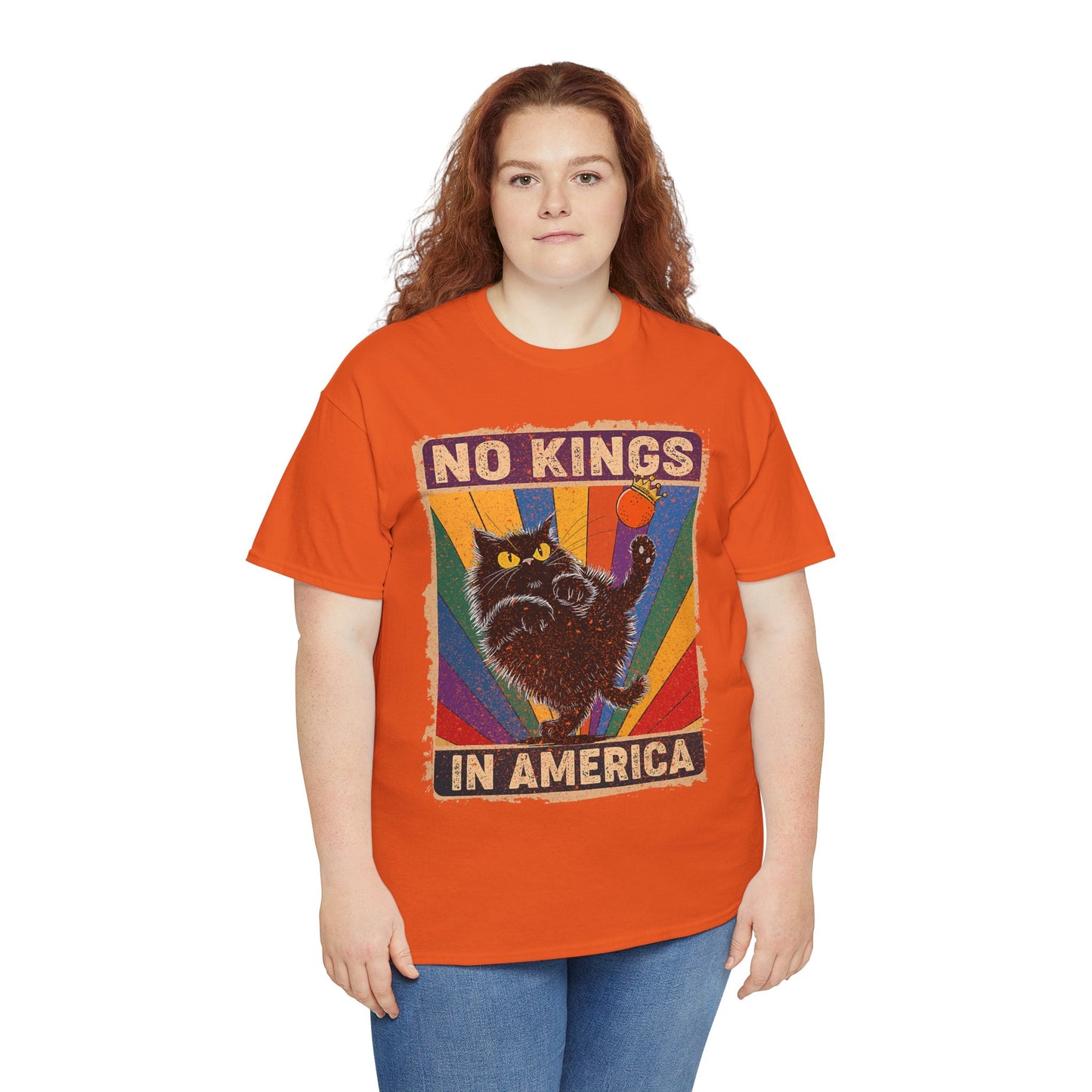 No Kings In America Cat Tee – Retro Rainbow Political Humor T-Shirt