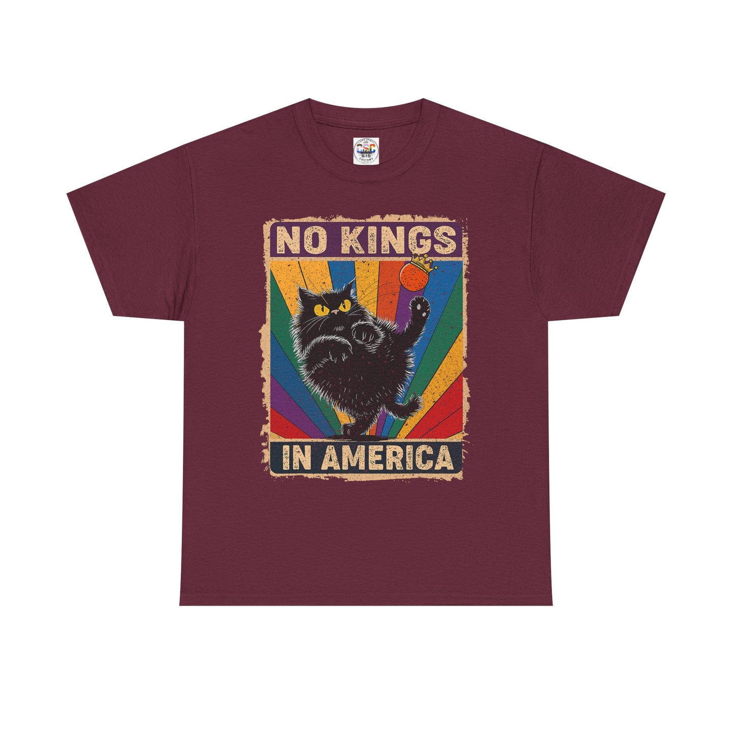 No Kings In America Cat Tee – Retro Rainbow Political Humor T-Shirt