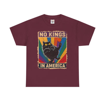 No Kings In America Cat Tee – Retro Rainbow Political Humor T-Shirt