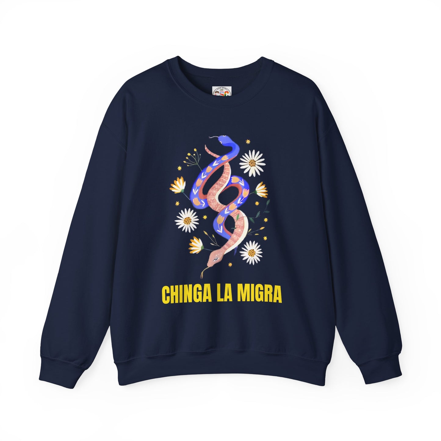 Crewneck Sweatshirt — 'Chinga La Migra' Floral Snake Protest Graphic