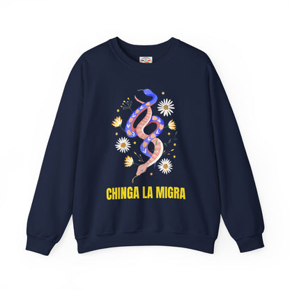 Crewneck Sweatshirt — 'Chinga La Migra' Floral Snake Protest Graphic