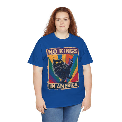 No Kings In America Cat Tee – Retro Rainbow Political Humor T-Shirt