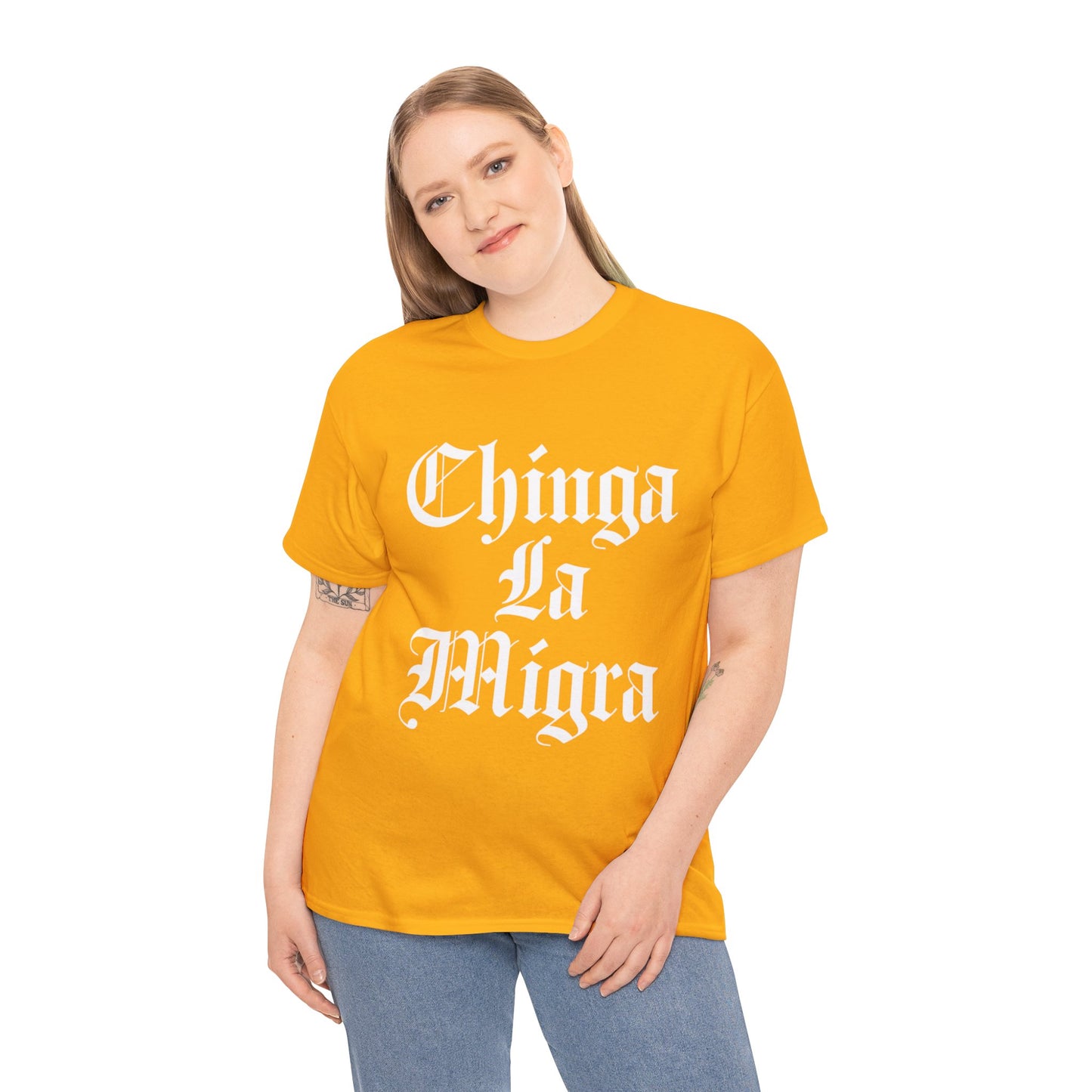 Graphic Tee — "Chinga La Migra" Bold Gothic Statement Shirt