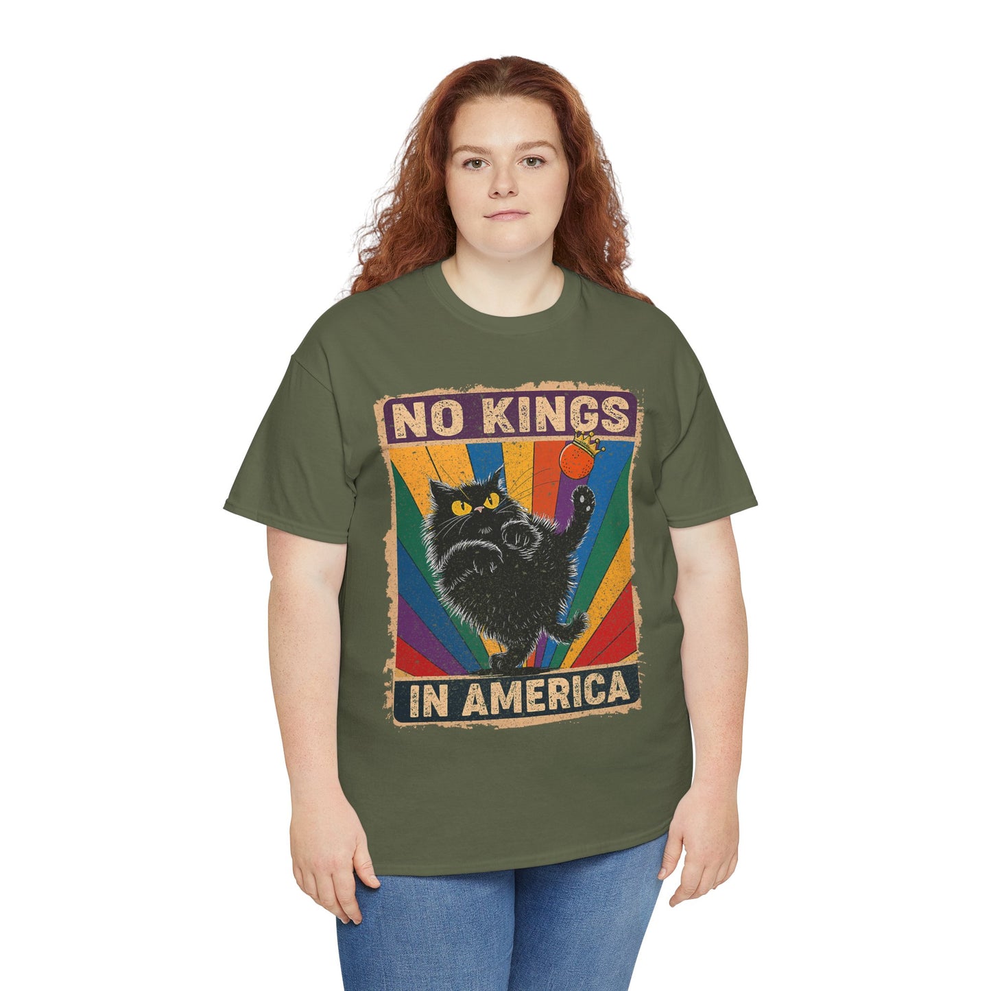 No Kings In America Cat Tee – Retro Rainbow Political Humor T-Shirt