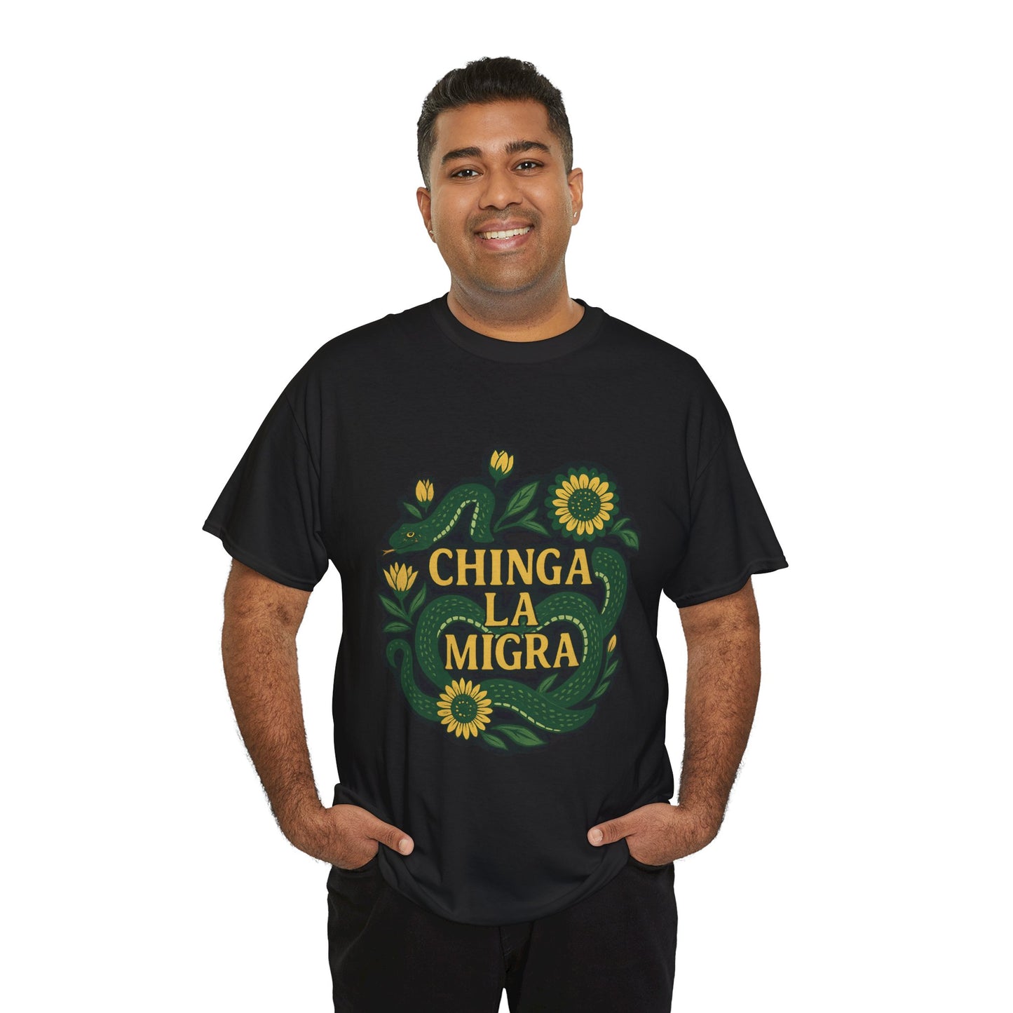 T‑Shirt — "Chinga la Migra" Green Snake Floral Protest Tee