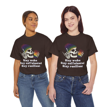 Skull Coffee Tee — "Stay woke, Stay caffeinated, Stay resilient" Graphic T-Shirt