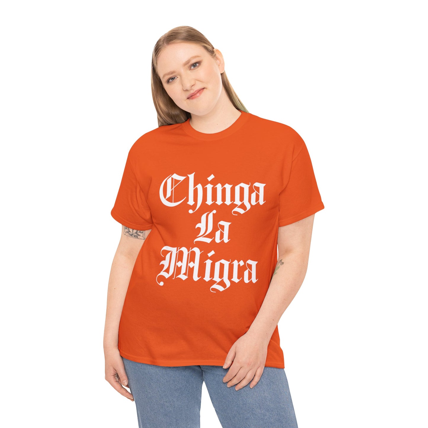Graphic Tee — "Chinga La Migra" Bold Gothic Statement Shirt