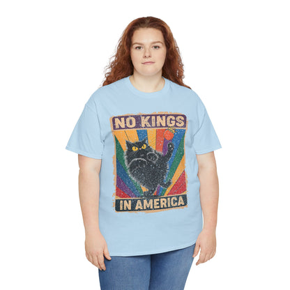 No Kings In America Cat Tee – Retro Rainbow Political Humor T-Shirt