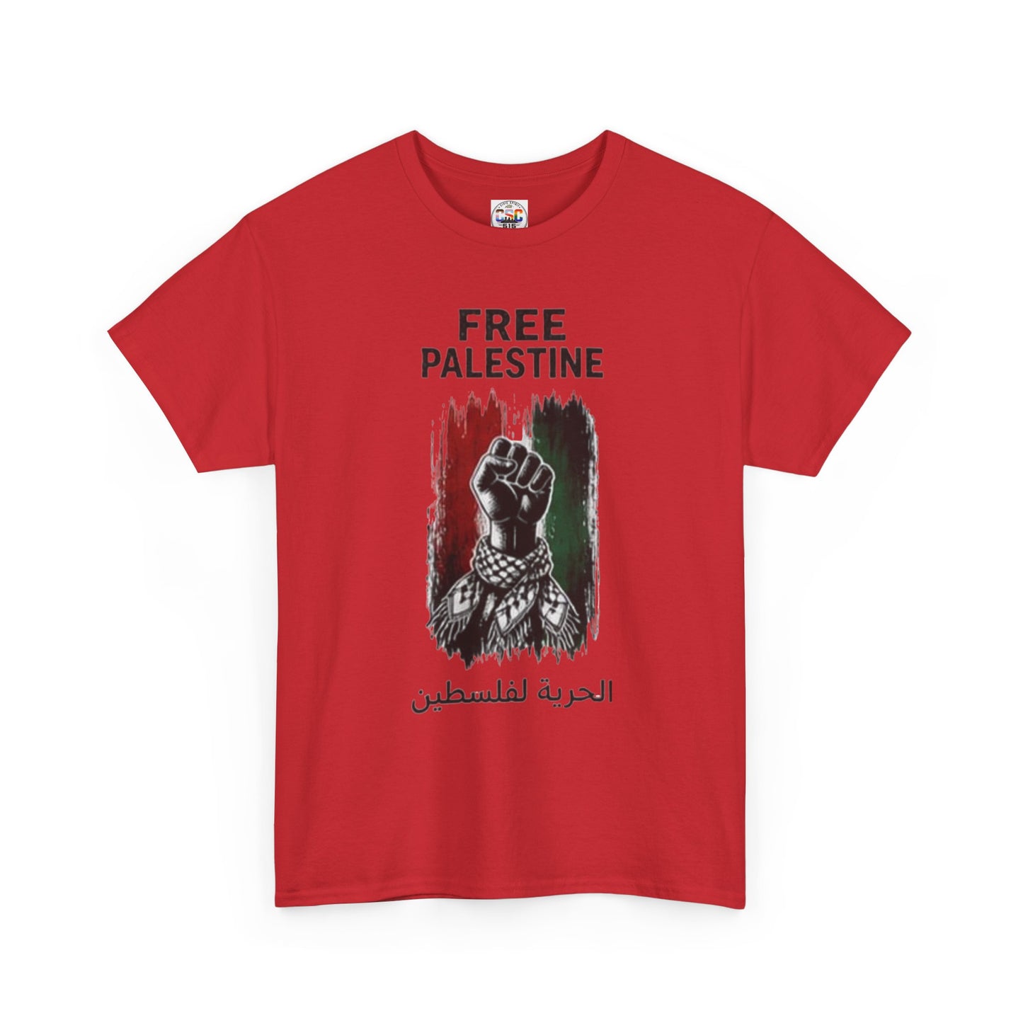 Free Palestine T-Shirt — Raised Fist Graphic with Arabic Text