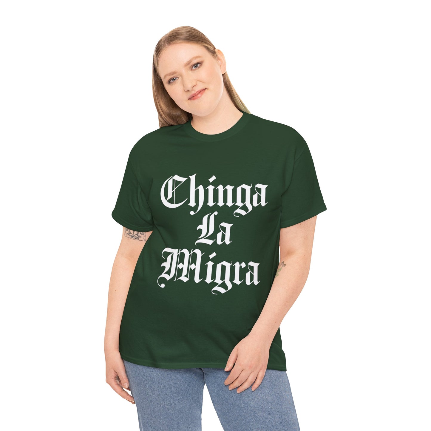Graphic Tee — "Chinga La Migra" Bold Gothic Statement Shirt