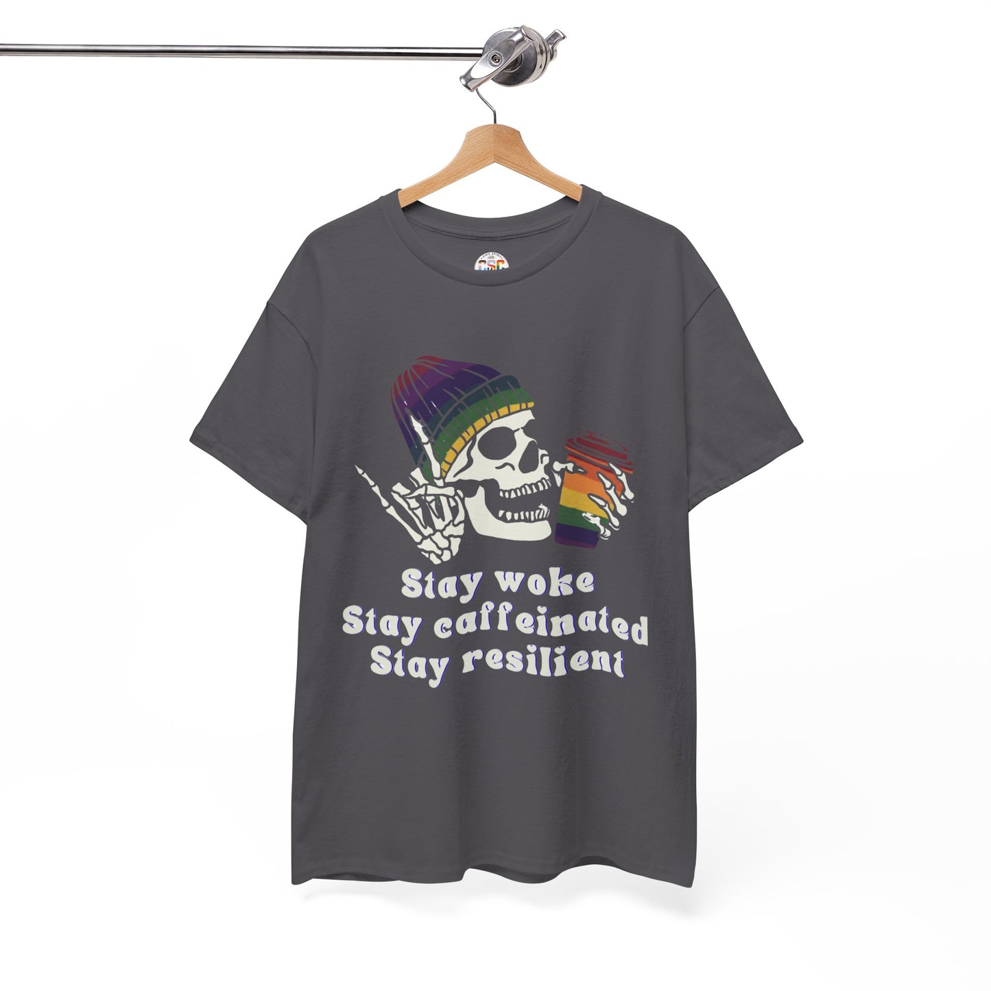 Skull Coffee Tee — "Stay woke, Stay caffeinated, Stay resilient" Graphic T-Shirt