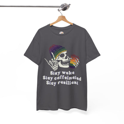 Skull Coffee Tee — "Stay woke, Stay caffeinated, Stay resilient" Graphic T-Shirt