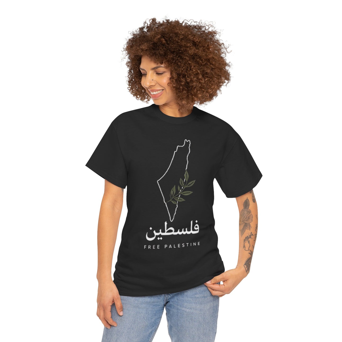 T-Shirt — Free Palestine Outline Tee with Olive Branch (فلسطين)