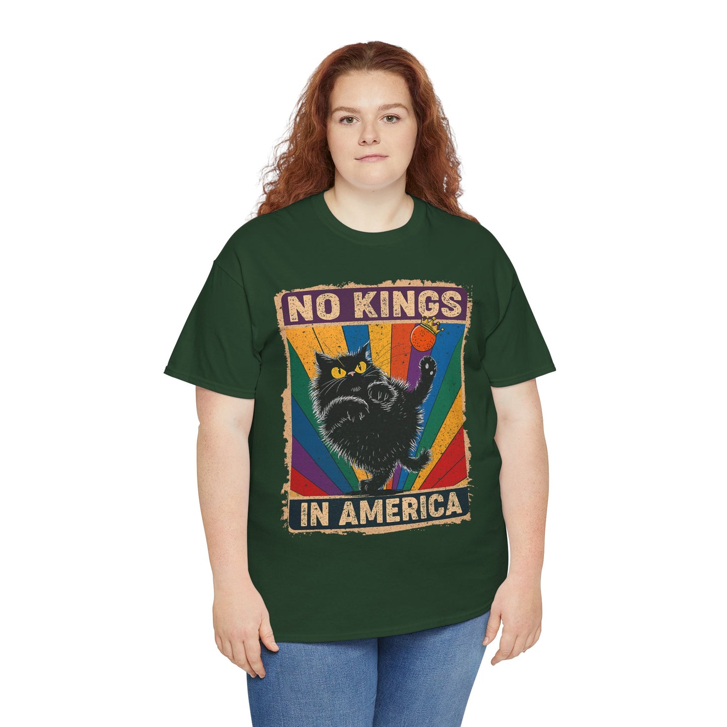 No Kings In America Cat Tee – Retro Rainbow Political Humor T-Shirt