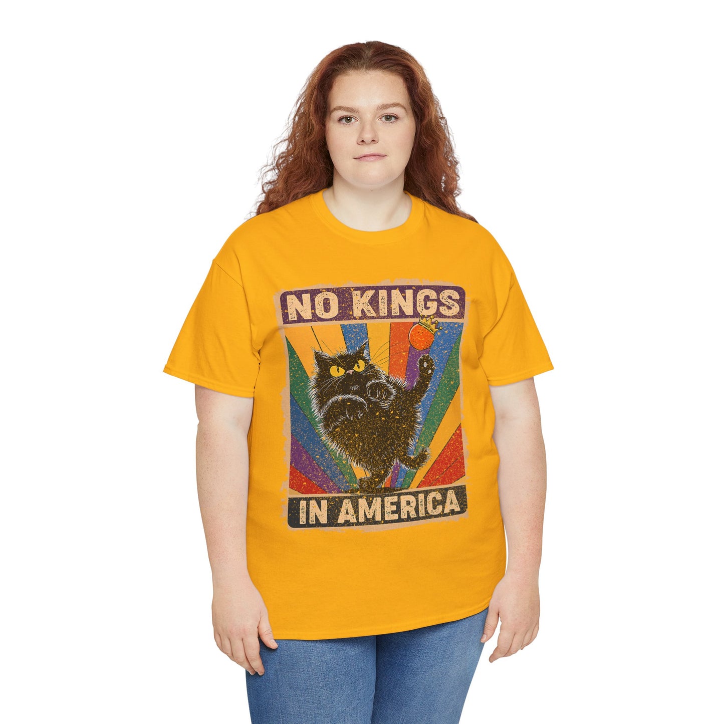 No Kings In America Cat Tee – Retro Rainbow Political Humor T-Shirt
