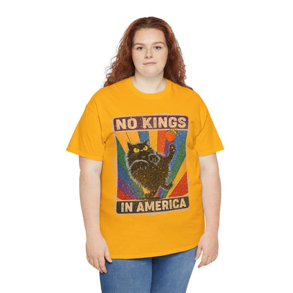 No Kings In America Cat Tee – Retro Rainbow Political Humor T-Shirt