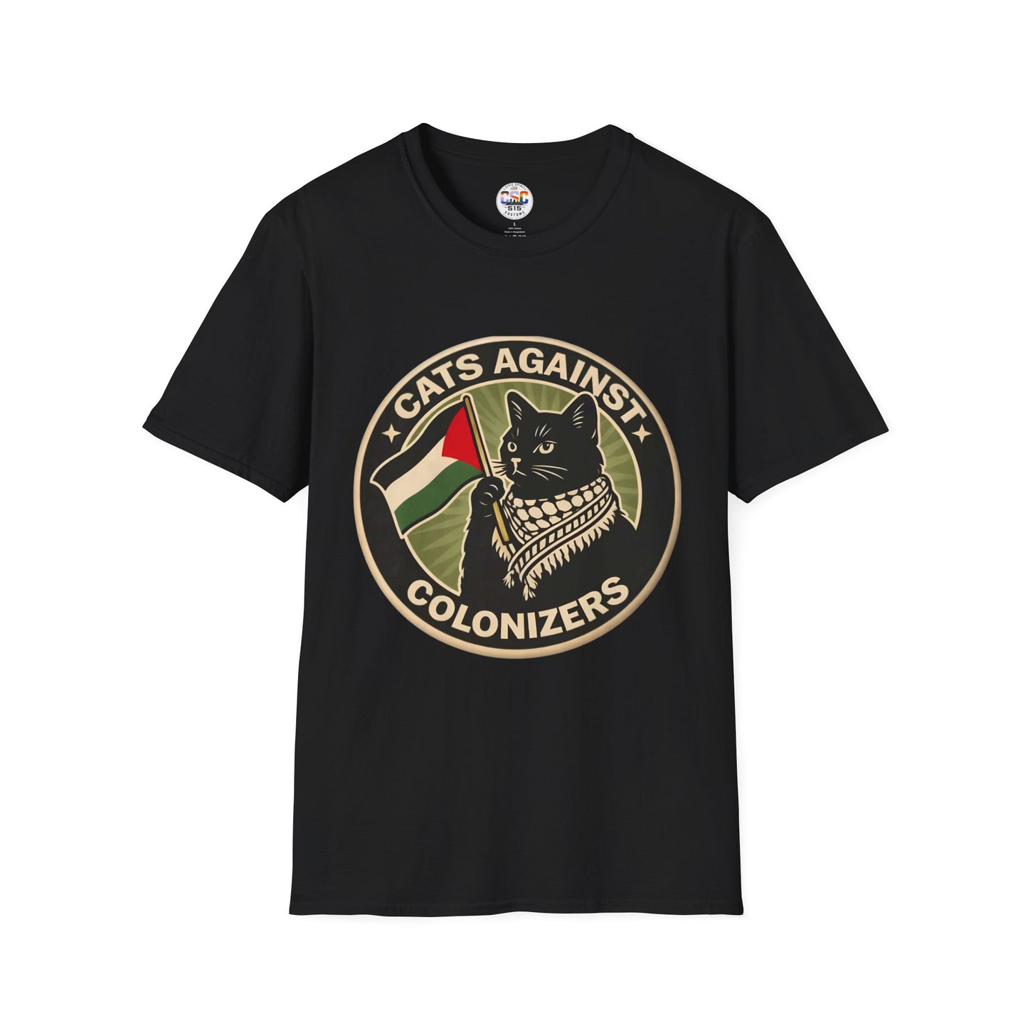 Cats Against Colonizers T‑Shirt — Black Cat with Keffiyeh & Palestine Flag