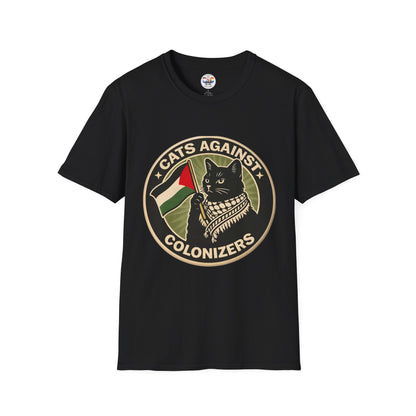 Cats Against Colonizers T‑Shirt — Black Cat with Keffiyeh & Palestine Flag