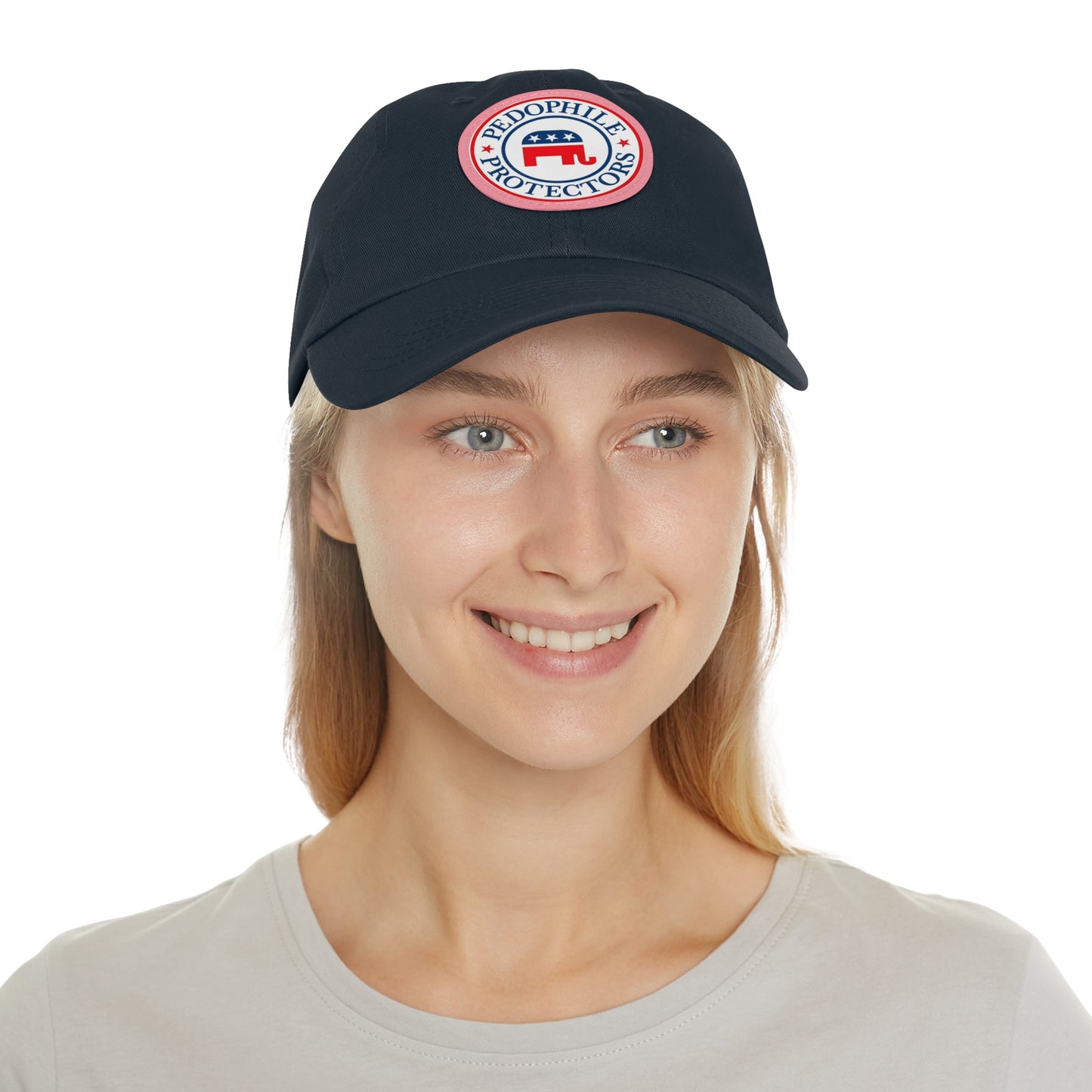Dad Hat — Round Leather Patch 'Pedophile Protectors' Political Satire Cap