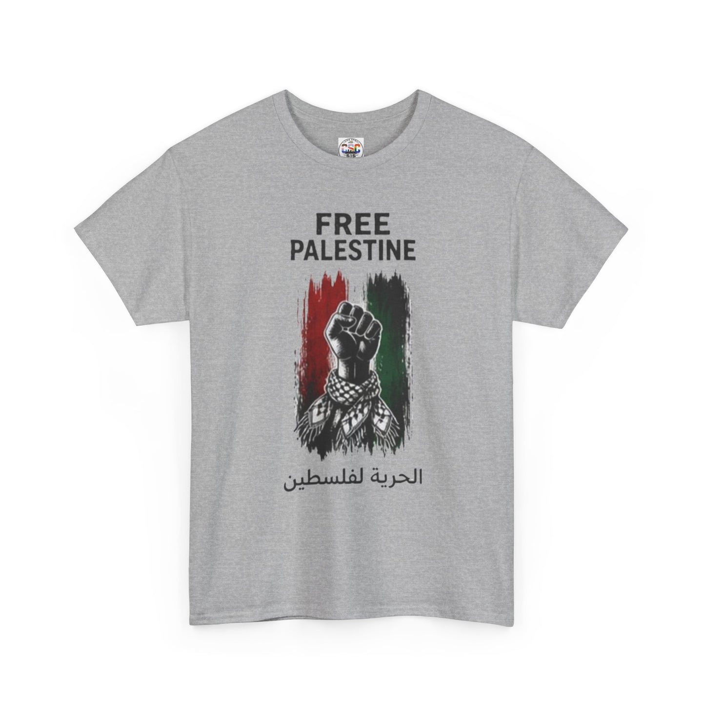 Free Palestine T-Shirt — Raised Fist Graphic with Arabic Text