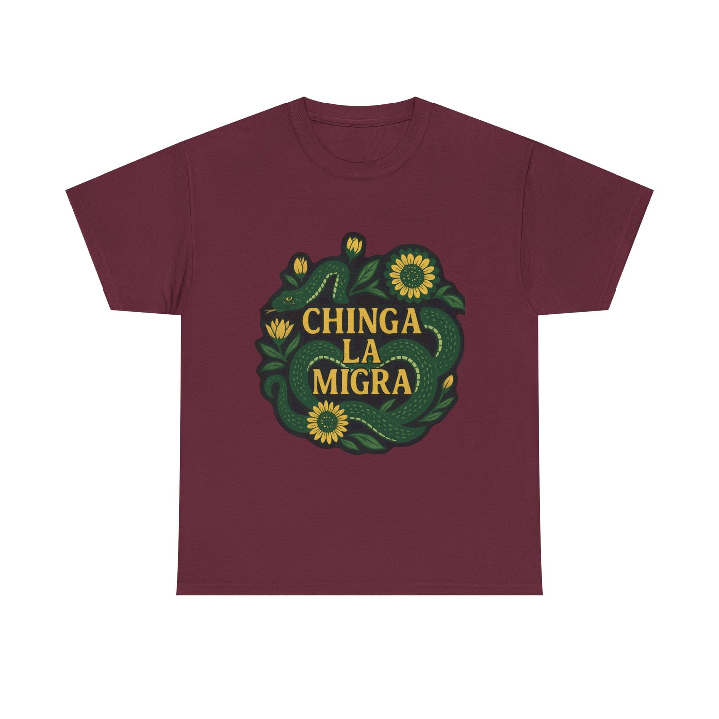 T‑Shirt — "Chinga la Migra" Green Snake Floral Protest Tee