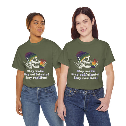 Skull Coffee Tee — "Stay woke, Stay caffeinated, Stay resilient" Graphic T-Shirt