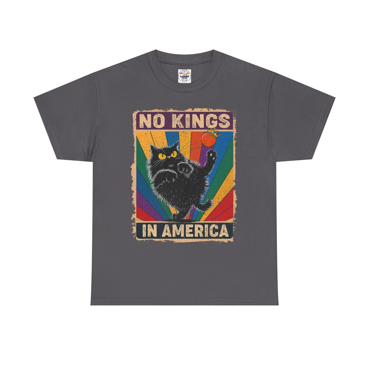 No Kings In America Cat Tee – Retro Rainbow Political Humor T-Shirt