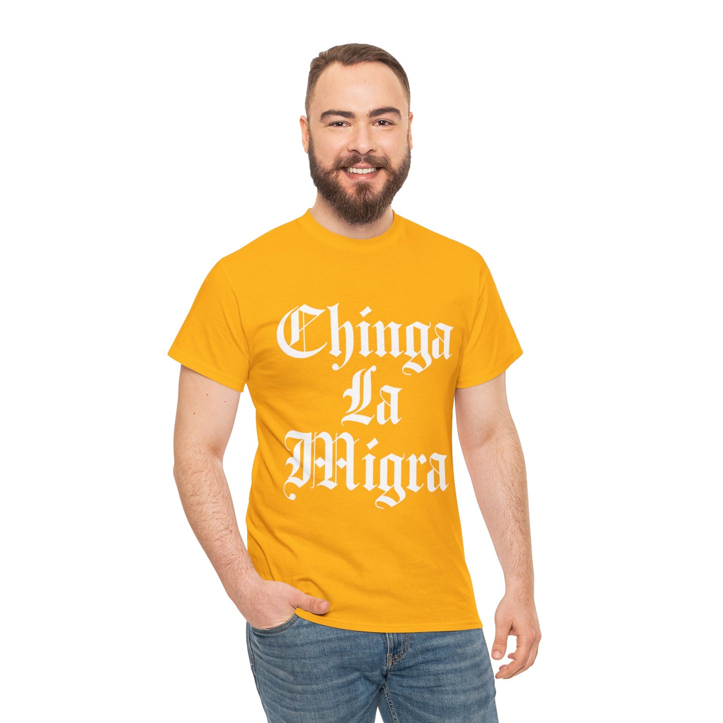 Graphic Tee — "Chinga La Migra" Bold Gothic Statement Shirt