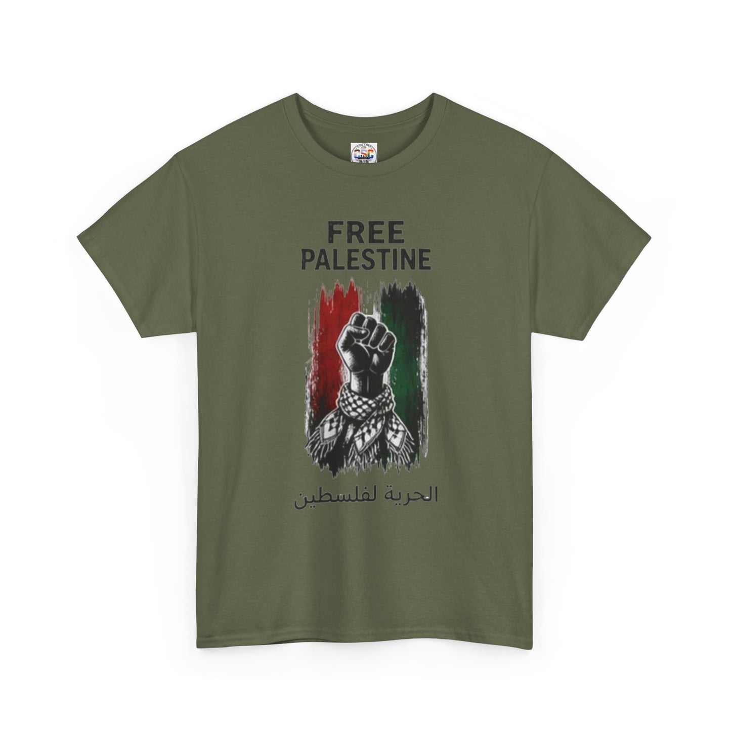 Free Palestine T-Shirt — Raised Fist Graphic with Arabic Text