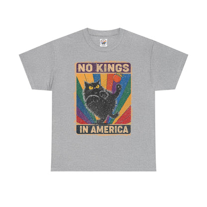 No Kings In America Cat Tee – Retro Rainbow Political Humor T-Shirt