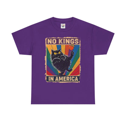 No Kings In America Cat Tee – Retro Rainbow Political Humor T-Shirt