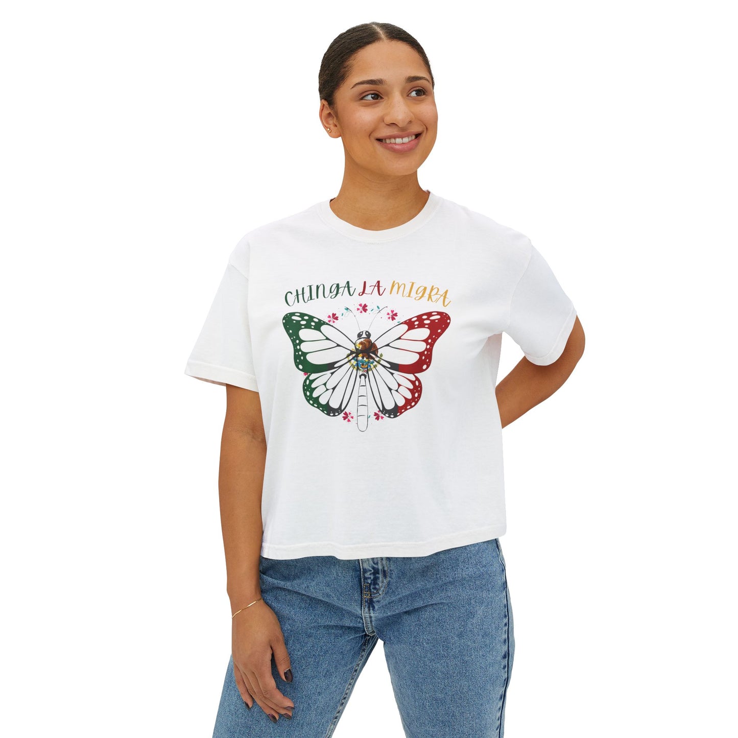 Butterfly 'Chinga La Migra' Boxy Tee — Mexican Flag Monarch Shirt