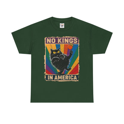 No Kings In America Cat Tee – Retro Rainbow Political Humor T-Shirt