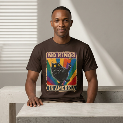 No Kings In America Cat Tee – Retro Rainbow Political Humor T-Shirt