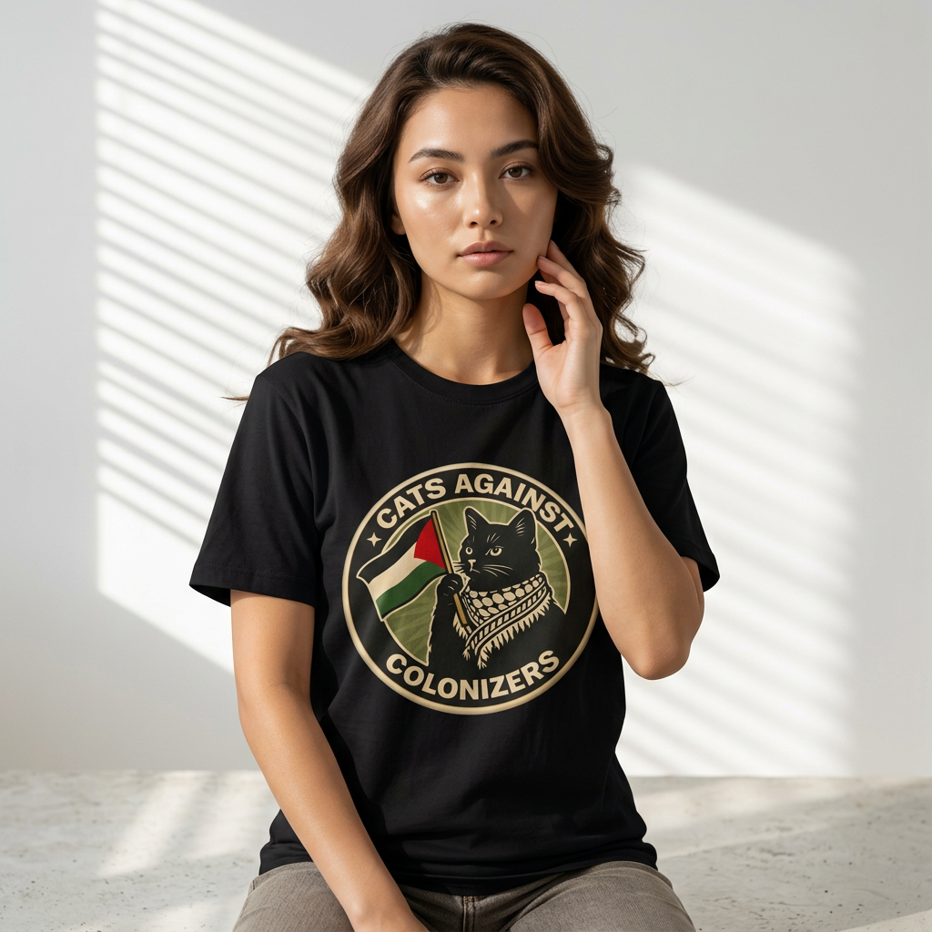 Cats Against Colonizers T‑Shirt — Black Cat with Keffiyeh & Palestine Flag