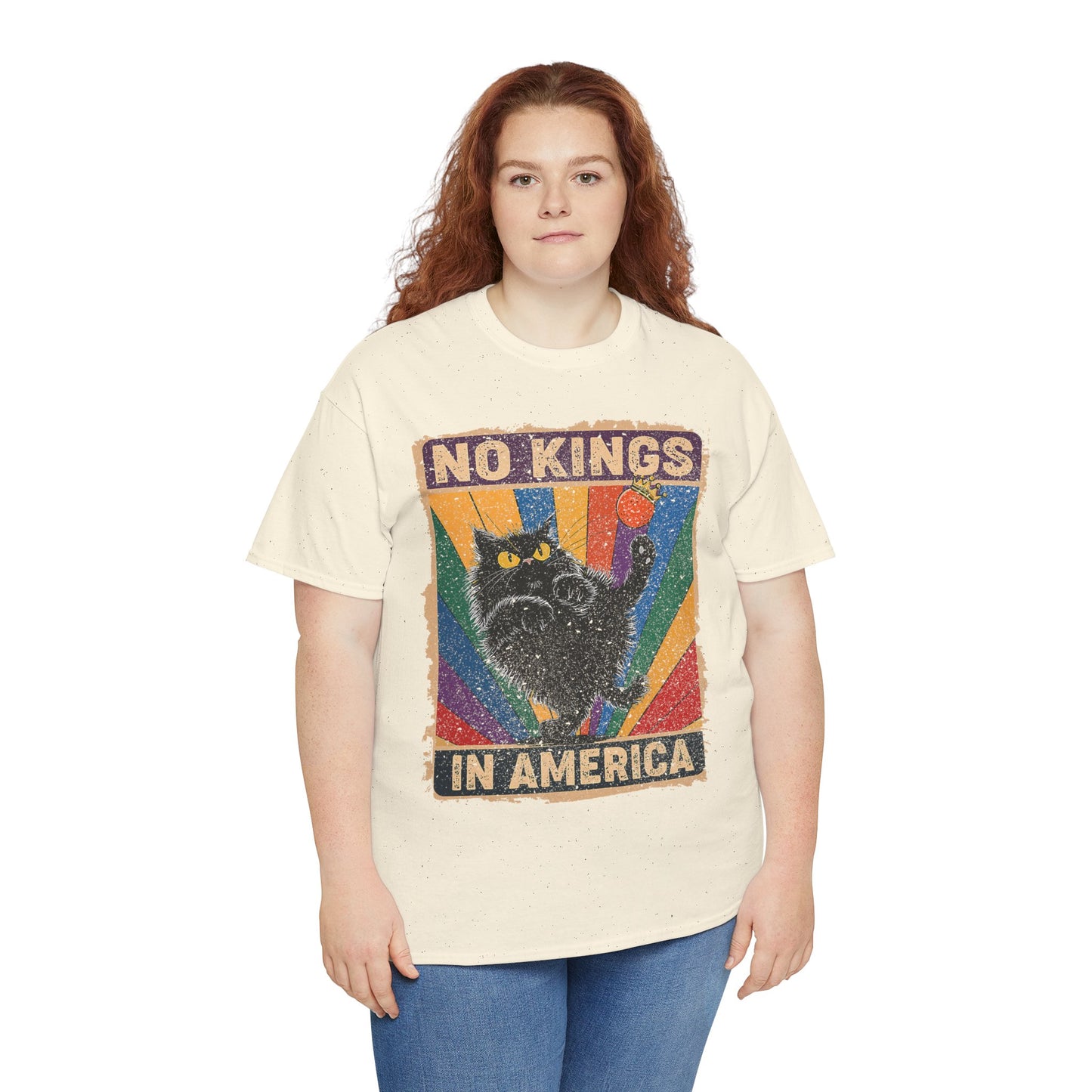 No Kings In America Cat Tee – Retro Rainbow Political Humor T-Shirt