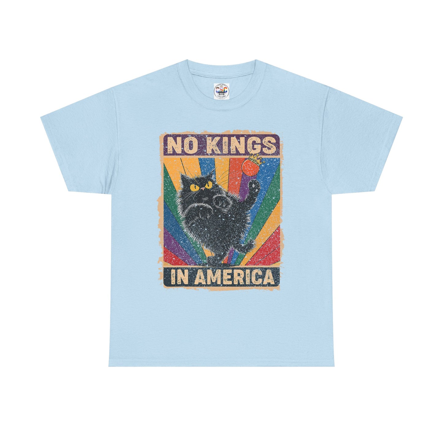 No Kings In America Cat Tee – Retro Rainbow Political Humor T-Shirt